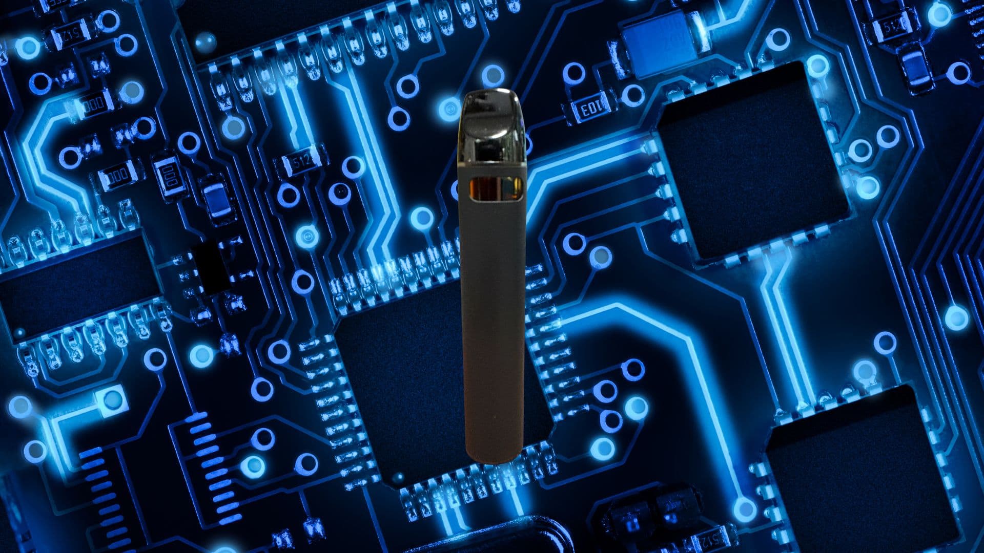 Sleek black vape pen centered over a glowing blue circuit board with microchips and circuitry.