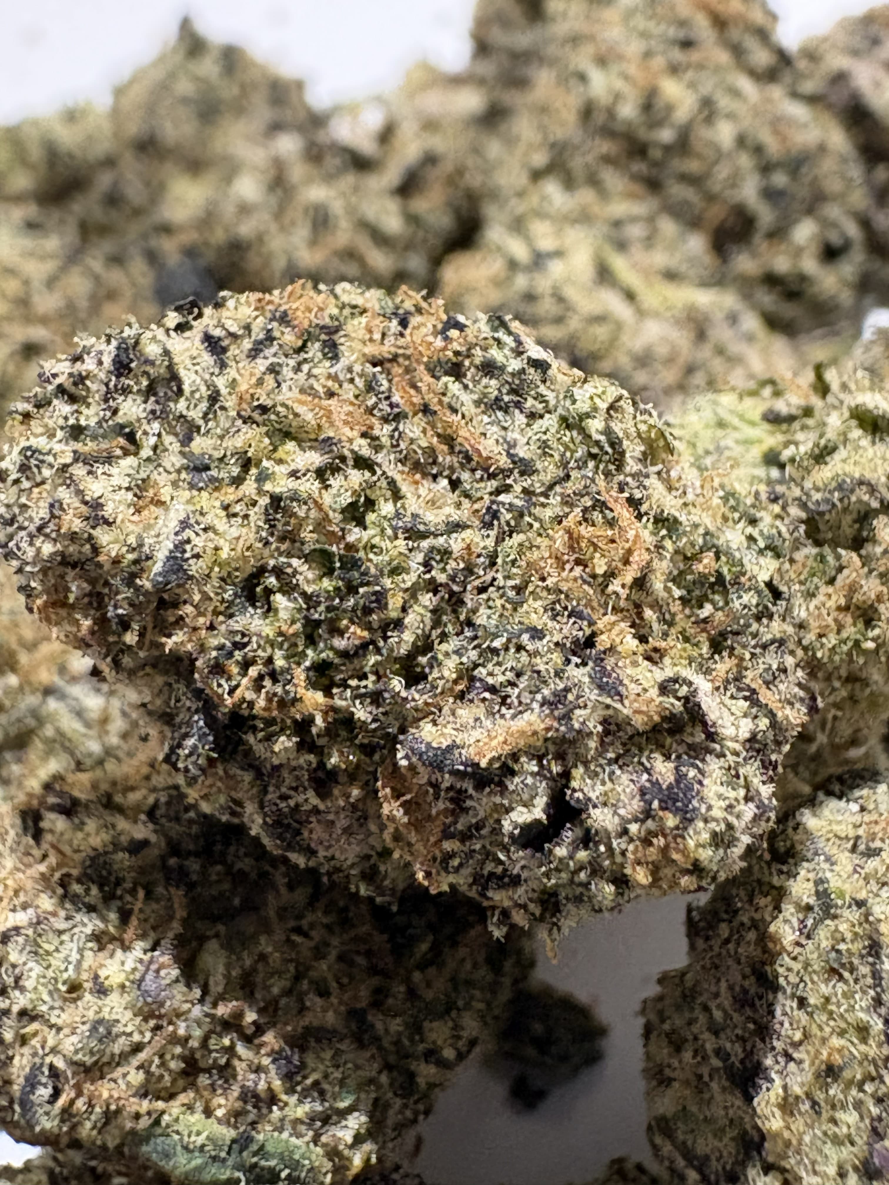 Frosty cannabis flower with deep purple leaves, orange pistils, and shimmering white crystalline trichomes.