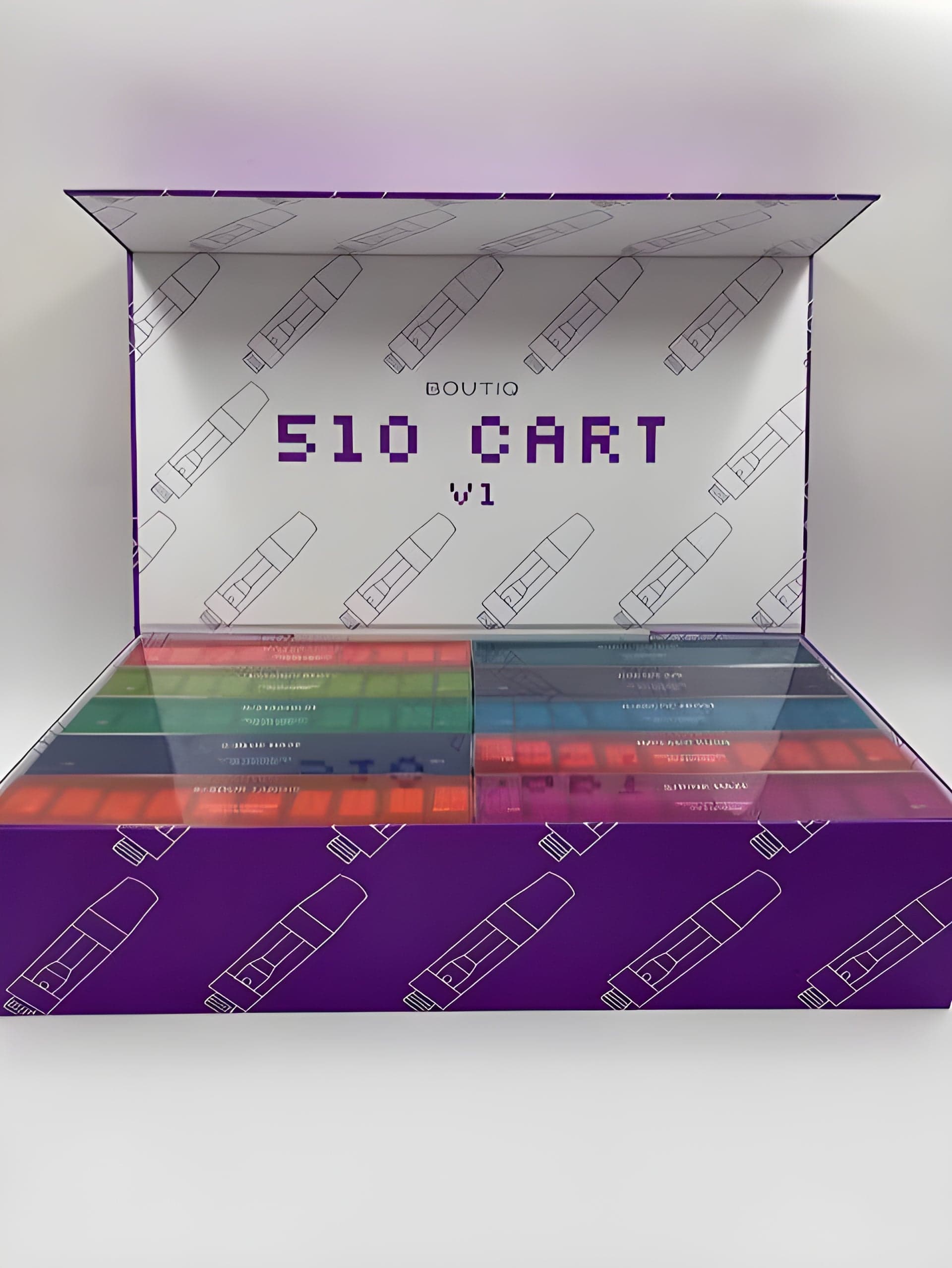 Open purple Boutiq 510 Cart V1 box showcasing rows of colorful, translucent cartridge packaging.