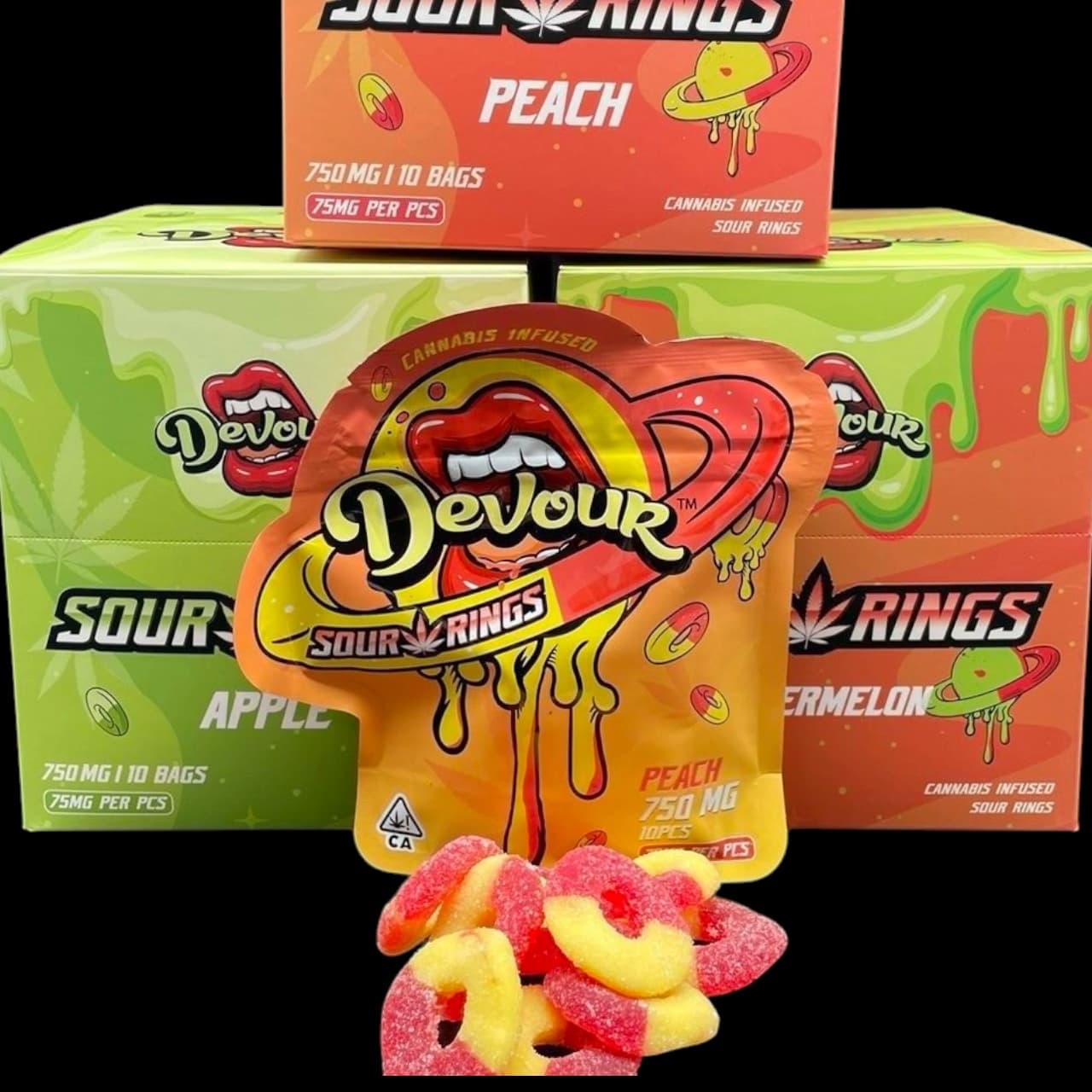 Devour cannabis-infused sour rings in peach, apple, and watermelon flavors with loose gummy rings.