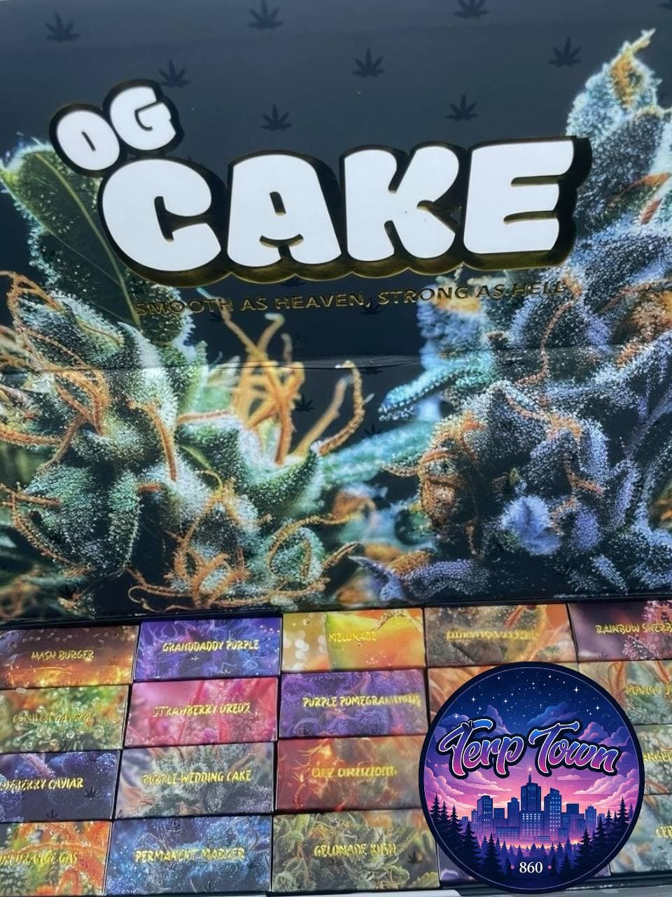 OG Cake cannabis branding with close-up bud imagery and a grid of colorful strain boxes.