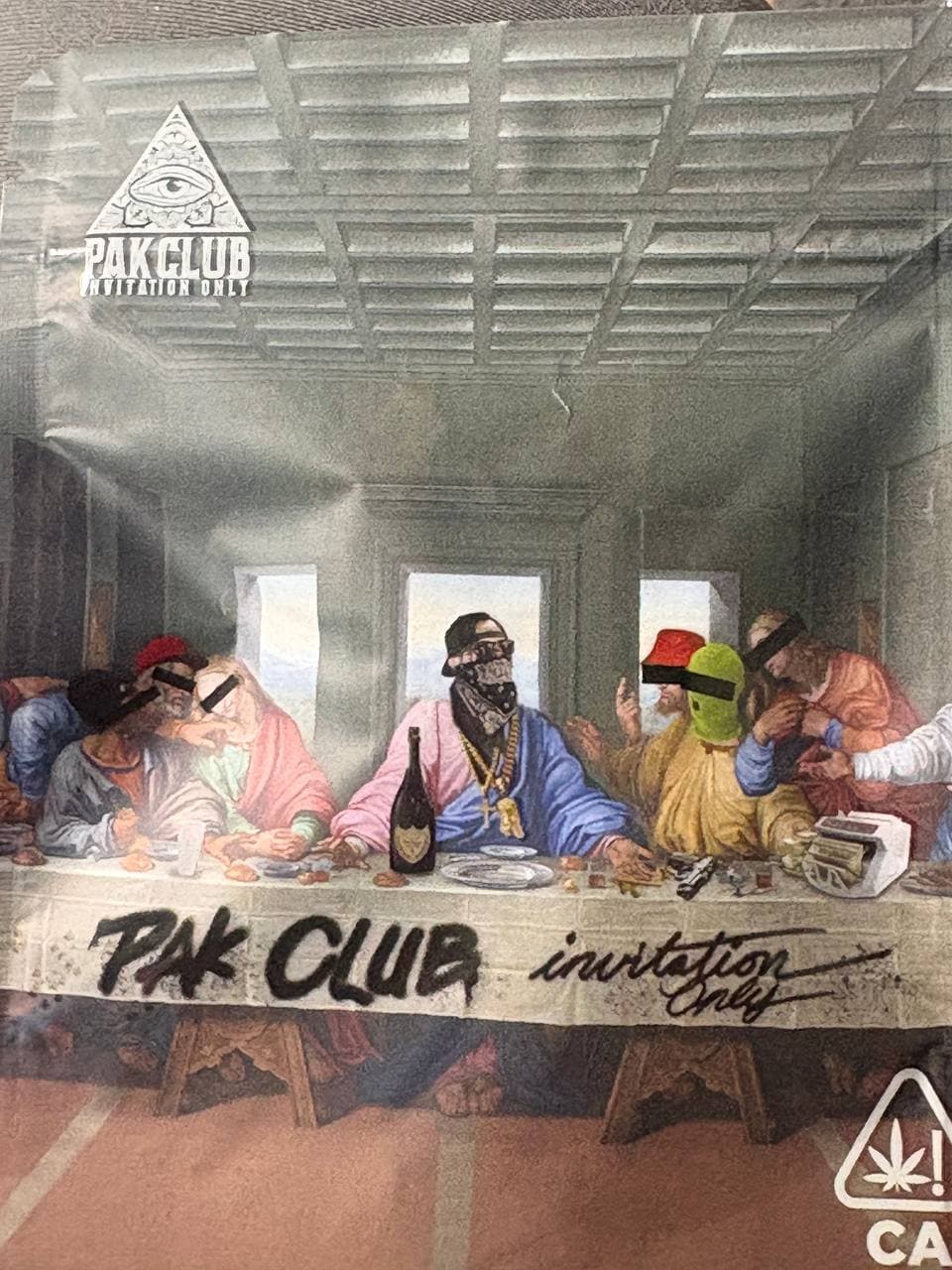 Pak Club Last Supper parody featuring masked figures, gold chains, and stacks of money.