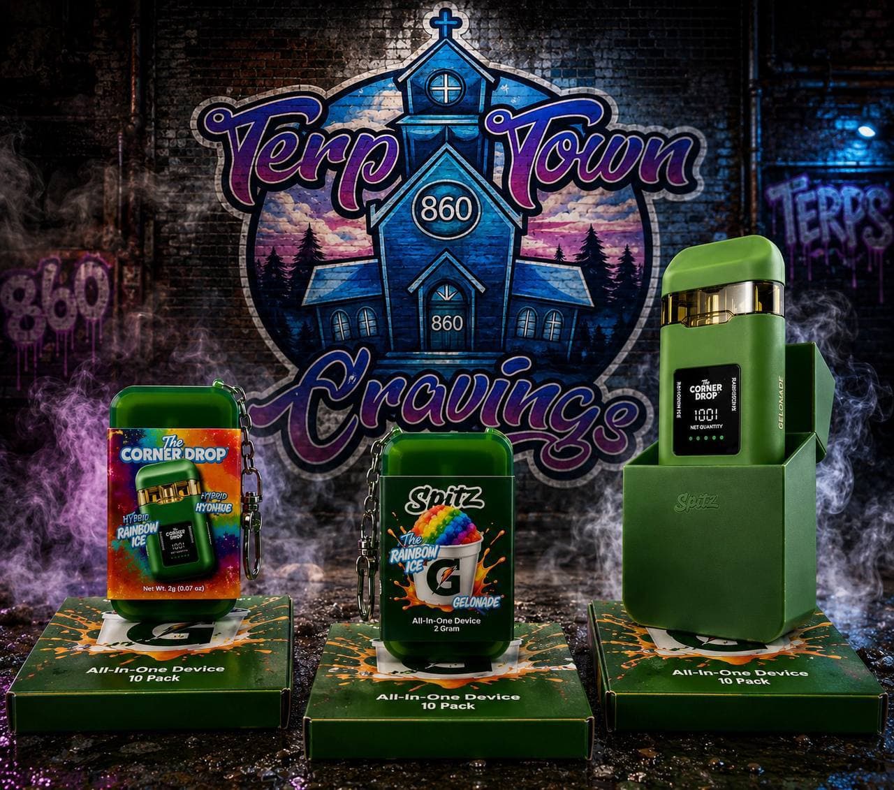 Green vape devices and packaging displayed against a smoky brick wall with Terp Town branding.