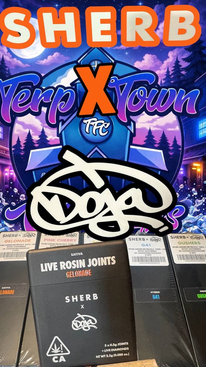 Sherb and Doja cannabis pre-roll packages displayed against a vibrant, illustrated night scene background.