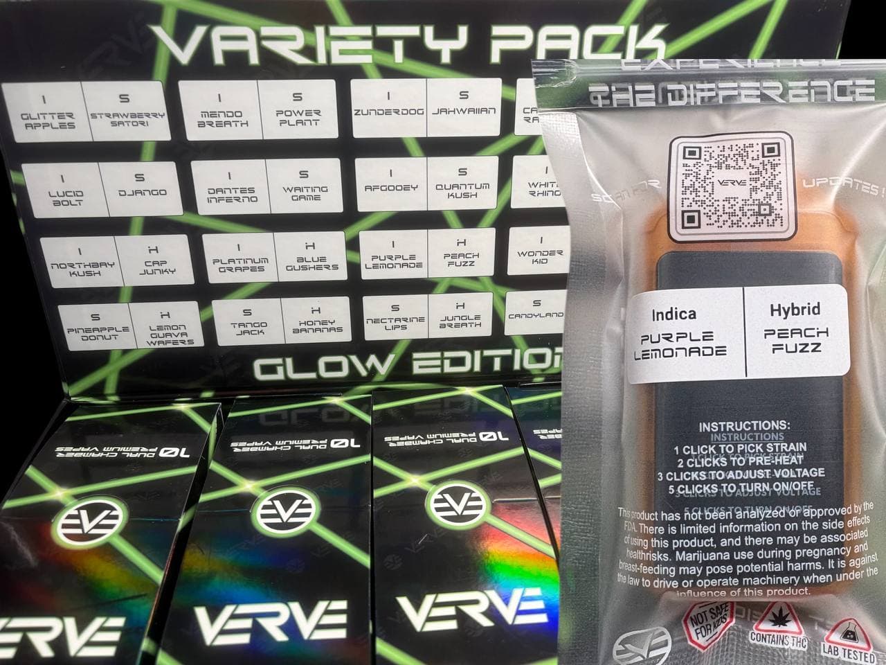 Verve cannabis vape products featuring a variety pack menu, individual boxes, and a packaged device.