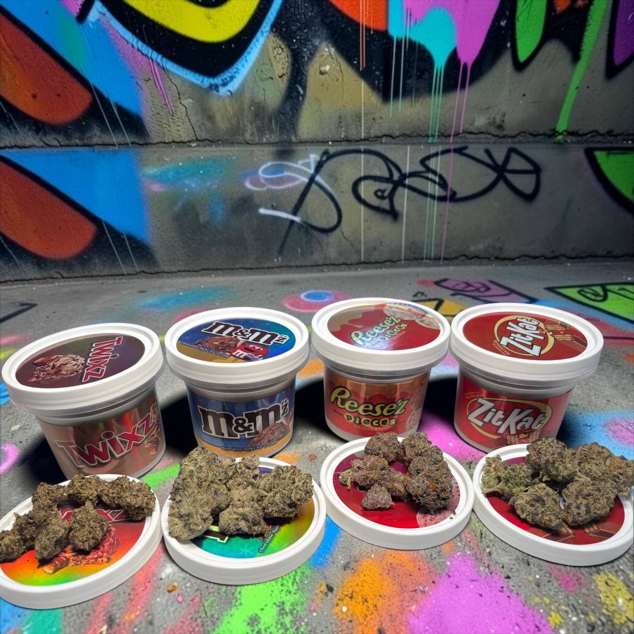 Four candy-branded containers with cannabis flower buds on their lids against a colorful graffiti wall.