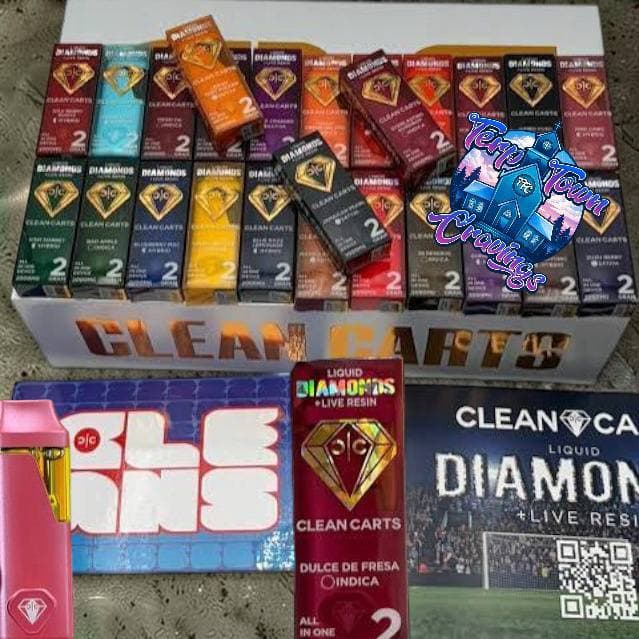 Rows of colorful Clean Carts liquid diamond live resin vape cartridge boxes in a display.