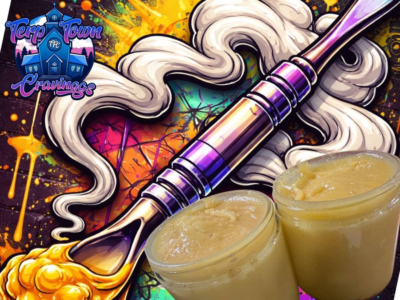 Two jars of cannabis rosin against a vibrant graphic of a dab tool and smoke.