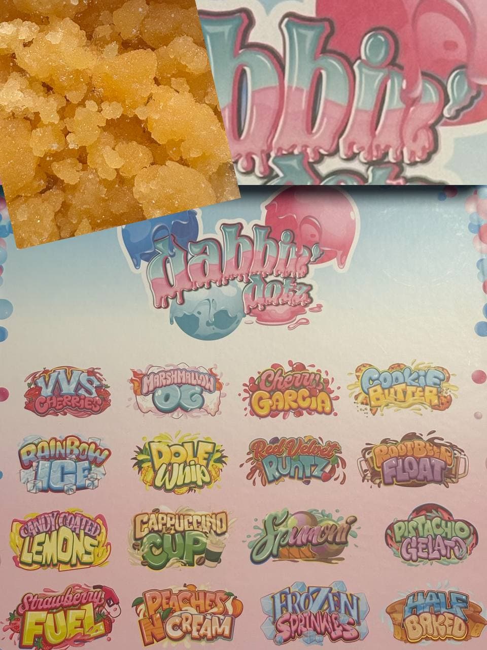 Granular golden cannabis concentrate next to a menu of colorful dessert-themed Dabbiez strain logos.