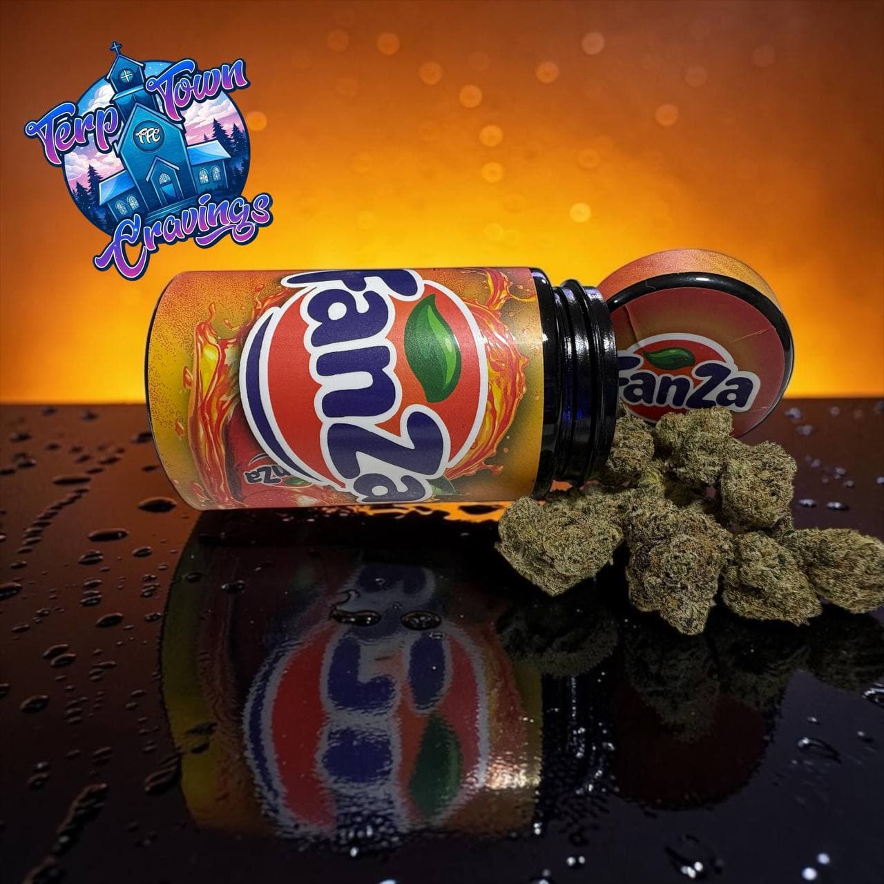Cannabis flower buds spilling from a Fanza jar onto a reflective surface under orange light.