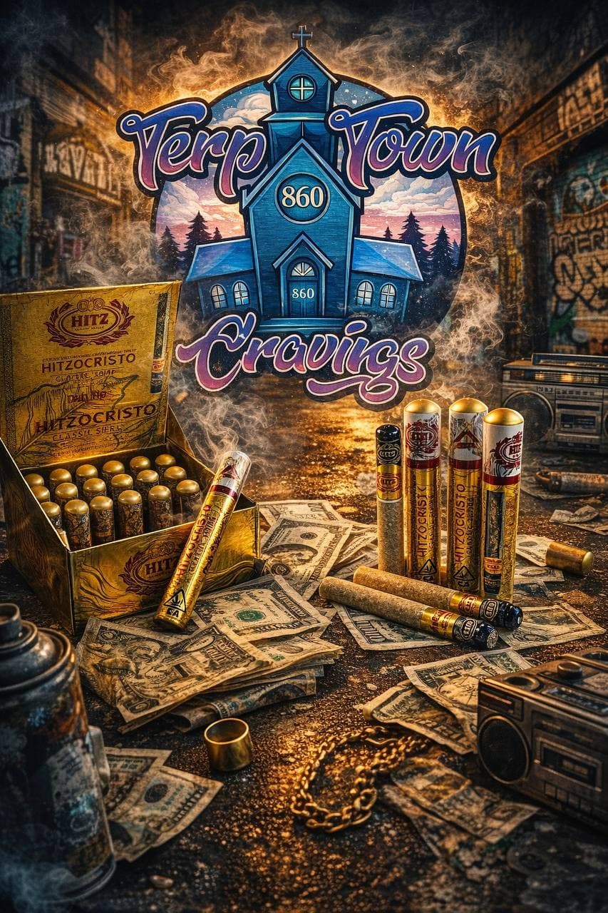 Terp Town Cravings logo above Hitzocristo cigars, cash, and urban street culture items.