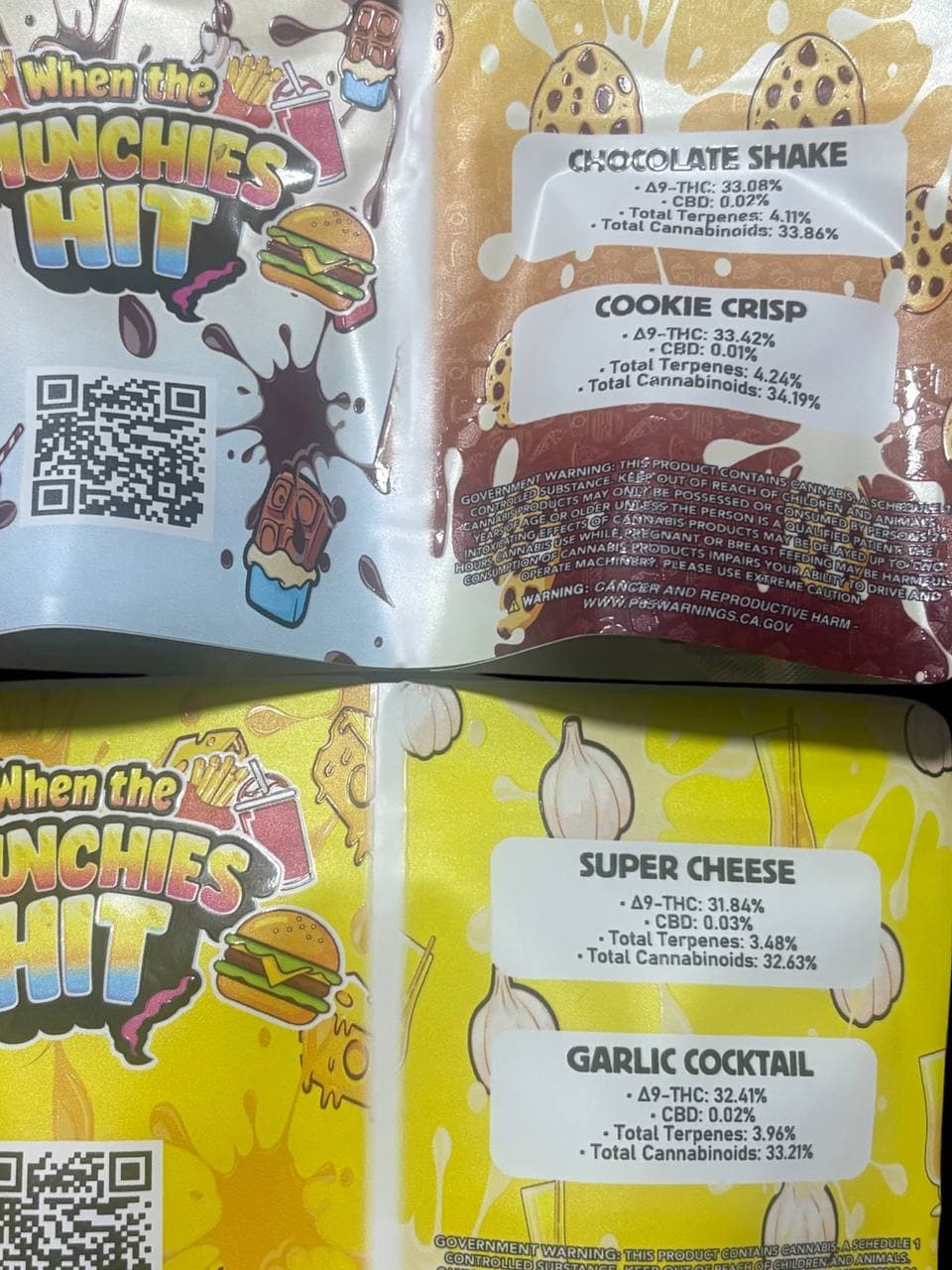 Cannabis product labels for four flavors featuring THC percentages and colorful cartoon food illustrations.