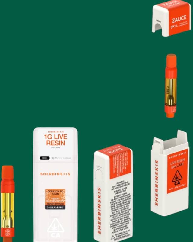 Sherbinskis Zauce live resin vape cartridges and white packaging on a dark green background.