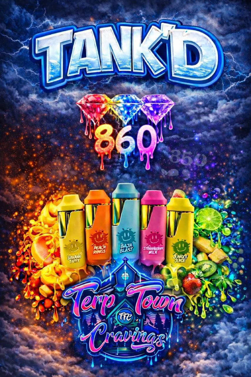 TANK'D vape pens with fruit splashes and dripping diamonds against a stormy lightning sky.