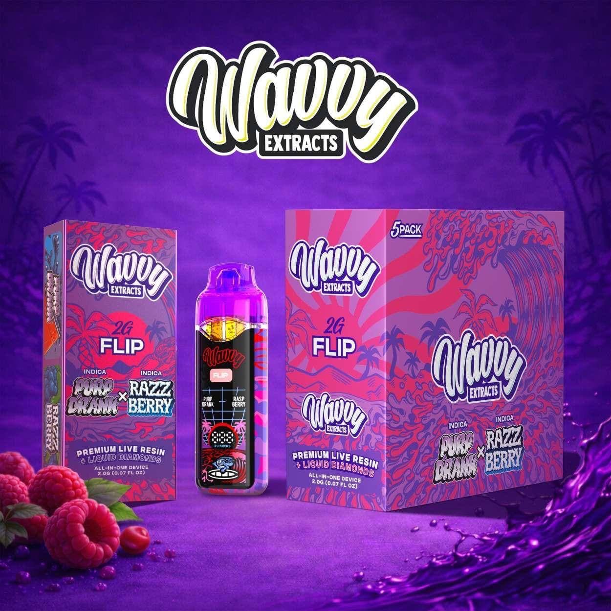 Wavy Extracts 2G Flip vape device and packaging featuring Purp Drank x Razz Berry.