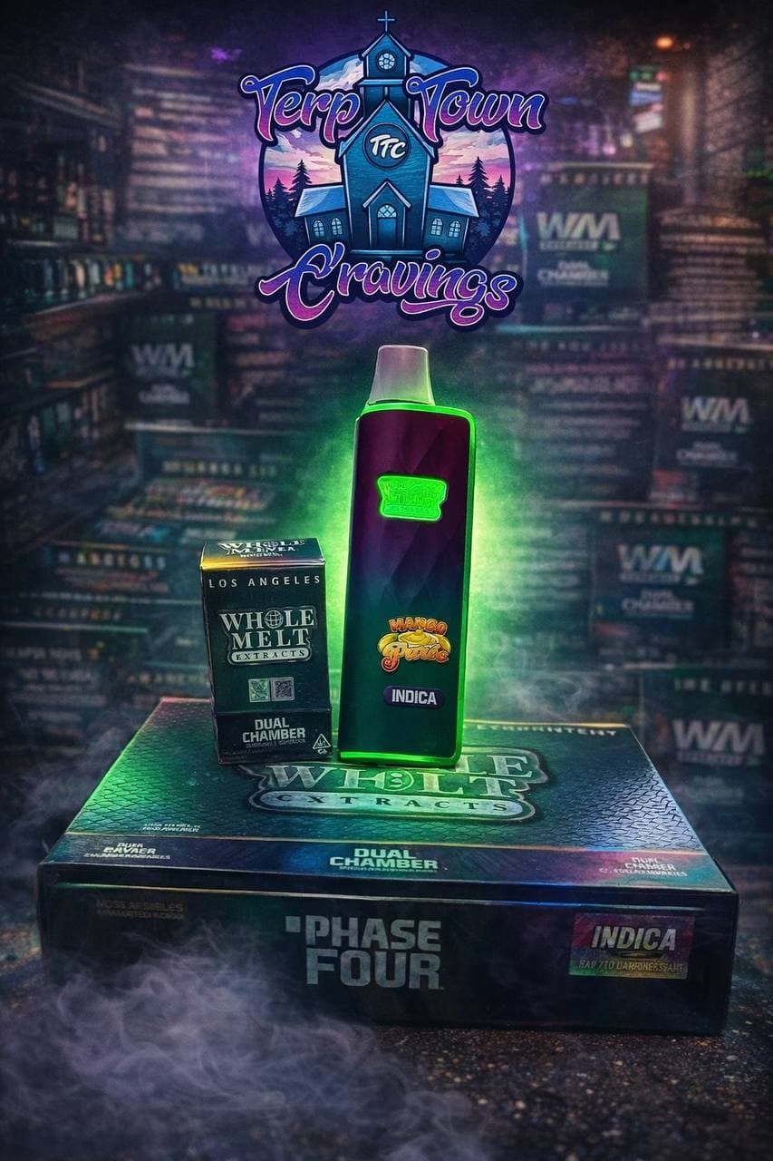 Glowing green vape pen and Whole Melt Extracts boxes under a Terp Town Cravings logo.